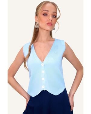 Trend Alaçatı Stili Babyblaue Sommer-Strickweste Mit V-Ausschnitt Und Knöpfen Für Damen - Weiß