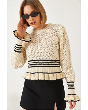 Bianco Lucci Strickpullover Mit Rüschen Für Damen - Natur