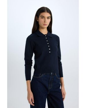 Defacto Basic-Strickpullover Mit Regulärer Passform Und Polokragen Für Damen - Blau