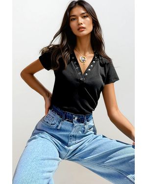 Trend Alaçatı Stili Schwarze Bluse Mit V-Ausschnitt Und Druckknopfverschluss - Blau