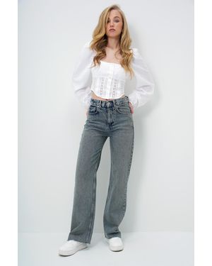 Trend Alaçatı Stili Vintage High Waist Washed Leg Palazzo Jean Hose Mit Quaste Für Damen - Blau