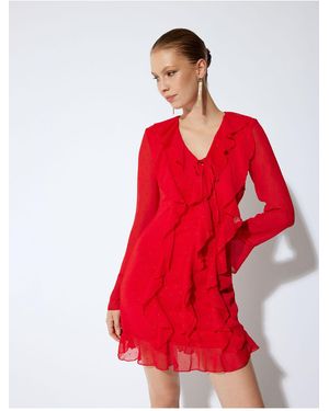 Koton Mini-Chiffonkleid Mit Langen Ärmeln, Rüschendetails Und Volant-V-Ausschnitt Für Damen - Rot