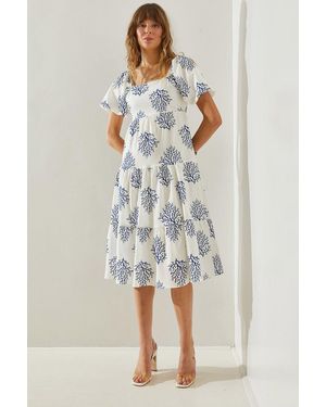 Bianco Lucci Kleid 5891 Mit Blattmuster, Quadratischem Kragen, Wassermelonenärmeln, Schleifendetail - Weiß