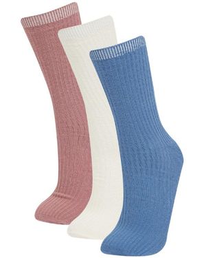 Defacto Bequeme, Elastische 3-Teilige Lange Baumwollsocken E2044Axns Für Damen - Blau