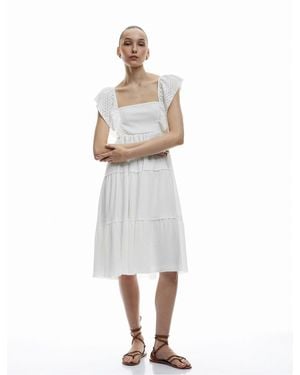 Koton Kleid Mit Falten, Ärmellos, Quadratischer Ausschnitt, Wickeloptik, Bequeme Passform, Midi-Kleid Für Damen - Weiß