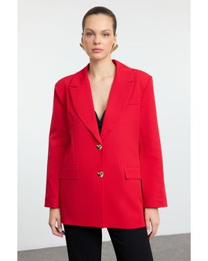 Trendyol Roter, Übergroßer, Gewebter Blazer Mit Herzknöpfen Für Damen