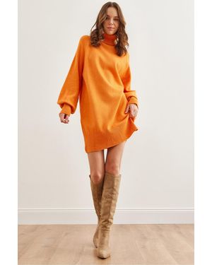 Olalook Orangefarbenes Tunika-Kleid Mit Rollkragen Und Ballonärmeln Und Weicher Textur Elb- 19001978 Für Damen