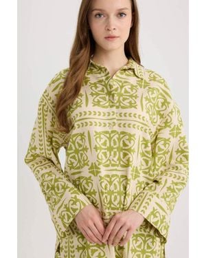 Defacto Relax Fit Gemusterte, Langärmlige Hijab-Hemden-Tunika Aus Leinenmischung D8184Ax25Sp Für Damen - Gelb