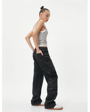 Koton Gerade Jeans-Cargo-Jeans, Weites, Gerades Bein, Tasche, Baumwolle – Nora Jean Für Damen - Schwarz