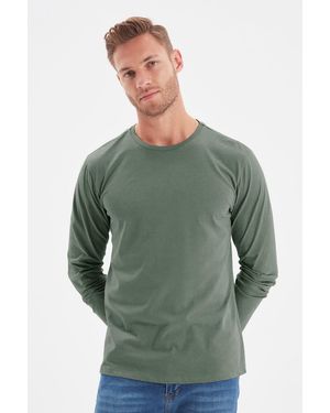 Trendyol Dunkelgrünes, Langärmliges T-Shirt Aus 100 Baumwolle Mit Regulärem Schnitt Für Herren