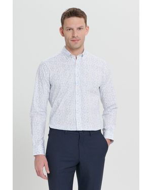 ALTINYILDIZ CLASSICS Marineblaues Slim-Fit-Hemd – Klassischer Kragen, Baumwoll-Dobby Für Herren - Weiß