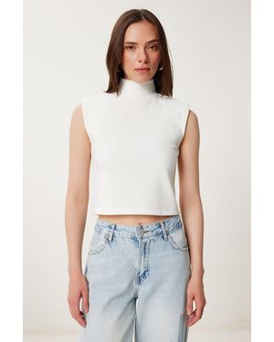 Happiness İstanbul Stehkragen Gepolstert Cord Bluse Mit Stretch Für Damen - Weiß