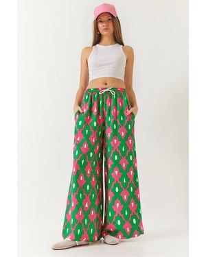 Bianco Lucci Gemusterte Palazzo-Hose Aus Viskose Mit Elastischem Bund Und Schnürtaschen Für Damen - Grün