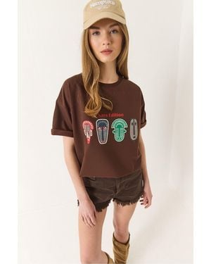 Bianco Lucci Bedrucktes, Übergroßes, Kurzärmliges Basic-T-Shirt Für Damen - Braun