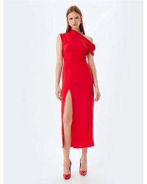 Koton Langes Abendkleid Aus Kreppstoff Mit Asymmetrischem Ausschnitt Und Einer Schulter Für Damen - Rot