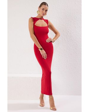 Trendyol Rotes, Gerades, Gestricktes, Ungefüttertes, Stilvolles Midikleid Für Damen
