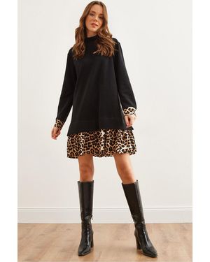 Olalook Schwarzes Thessaloniki-Kleid Mit Leopardenverzierung Elb- 19000965 Für Damen