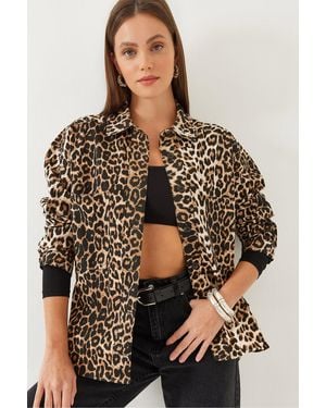 Bianco Lucci Gabardine-Hemd Mit Leopardenmuster 4739 Für Damen - Braun