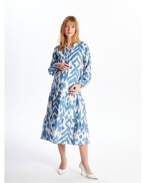 LC Waikiki Gemustertes Umstandskleid Mit Langen Ärmeln Und Auslaufendem Kragen Für Damen - Blau