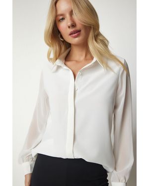 Happiness İstanbul Ecrufarbenes, Stilvolles Chiffon-Hemd Mit Ärmeln Für Damen - Weiß