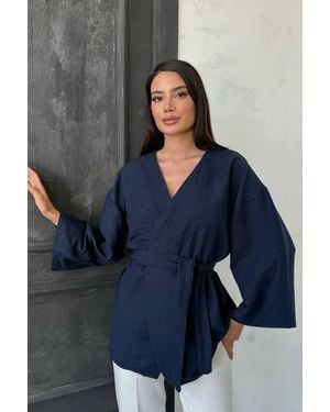 My Blog Geknöpfter Kimono Mit Gürtel Für Damen - Blau