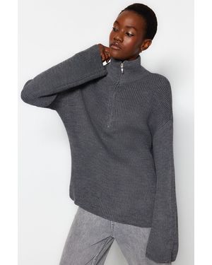 Trendyol Anthrazitfarbener Strickpullover Mit Breitem Muster Und Reißverschluss Und Hohem Kragen Für Damen - Grau