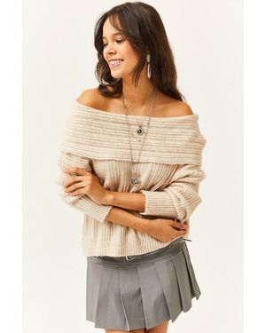 Olalook Strickpullover Mit Stone Madonna-Kragen Und Weicher Struktur Für Damen - Natur