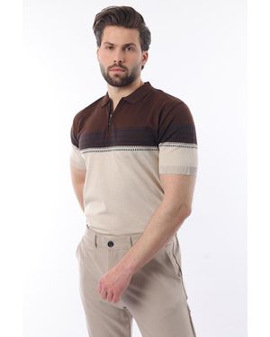 Madmext Braunes T-Shirt Mit Reißverschluss Und Polokragen, Gemustert Für Herren - Rot
