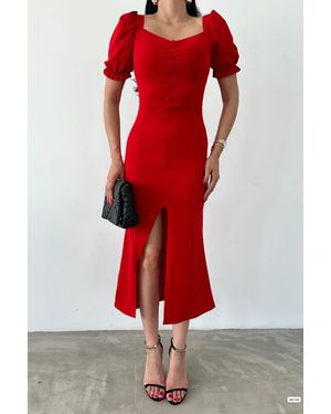 Deafox Rotes Kreppkleid – Schlitz Vorne Und Knopfdetail Für Damen