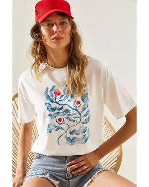 Bianco Lucci Gemustertes Basic T-Shirt Kurzarm Für Damen - Weiß