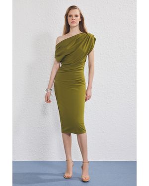 Trendyol Ölgrünes Midi-Strickkleid Mit Bügel-/Drapierungsdetails Für Damen