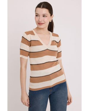 Bigdart Cremefarbene Gestreifte Bluse Kurzarm, Biskuit 15869 Für Damen - Blau