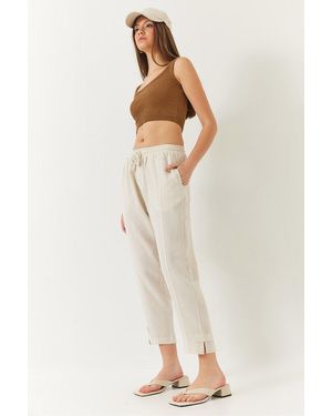 Bianco Lucci Hose Aus Leinen Mit Elastischem Bund Und Detaillierter Tasche Und Karottenbesatz Für Damen - Natur