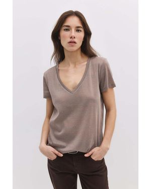 No Matter What Shiny V Neck Basic T-Shirt Für Damen - Natur