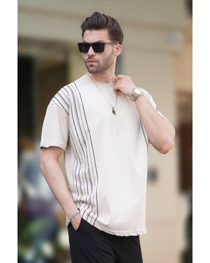 Madmext Beiges Overfit-T-Shirt Aus Baumwolle – Rundhalsausschnitt, Graue Farbdetails Für Herren - Natur