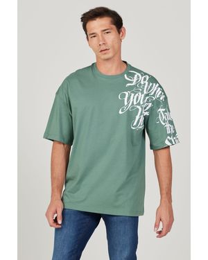 AC&Co / Altınyıldız Classics Khakifarbenes, Bedrucktes Oversize-T-Shirt Mit Rundhalsausschnitt Und Lockerem Schnitt Aus 100 Baumwolle Für Herren - Grün