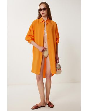 Happiness İstanbul Orangefarbenes Oversize-Midi-Ayrobin-Hemdkleid Für Damen