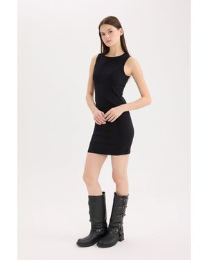 Defacto Figurbetontes, Körperbetontes, Ärmelloses Minikleid Aus Bengalien Mit Rundhalsausschnitt Für Damen - Schwarz
