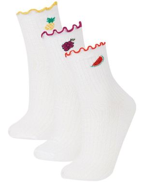 Defacto 3-Teilige Baumwollsocken E2065Axns Für Damen - Weiß