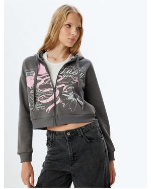 Koton Kurzes Sweatshirt Mit Kapuze Und Reißverschluss Aufgedrucktes Taschendetail Für Damen - Grau