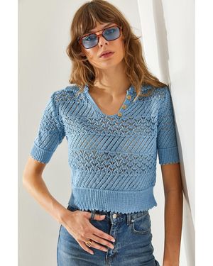 Bianco Lucci Strickbluse – Mit Kragen, Modell Für Damen - Blau
