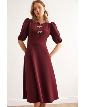 Olalook Burgunderrotes Midi-Strickkleid Mit Schleifendetail Elb- 19002341 Für Damen