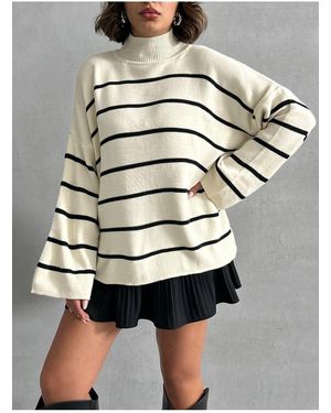 BEJNA Ecrufarbener, Übergroßer, Gestreifter Strickpullover Mit Halbem Rollkragen Für Damen - Grau