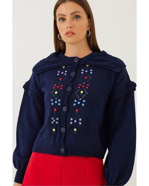 Bianco Lucci Strickjacke Mit Kragendetail Und Stickerei Für Damen - Blau