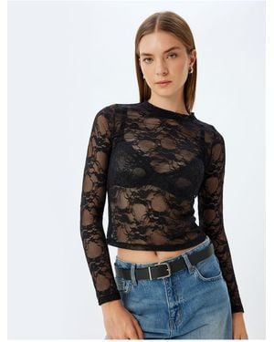 Koton Langärmliges, Durchsichtiges Tüll-Spitzen-T-Shirt Mit Rundhalsausschnitt Für Damen - Schwarz
