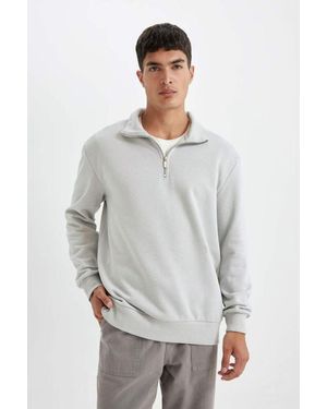 Defacto Komfort, Normale Passform, Bequeme Passform, Stehkragen, Reißverschluss, Dickes Basic-Solid-Sweatshirt X7405Az24Au Für Herren - Grau