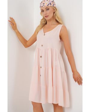 Bigdart Zero Sleeve Button Short Dress 2571 Puder Für Damen - Pink