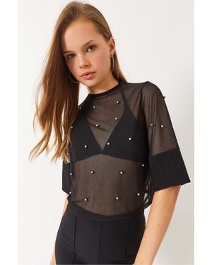 Bianco Lucci Bluse Mit Kurzem Ärmel Und Transparentem Rundhalsausschnitt Mit Stone-Print Für Damen - Schwarz