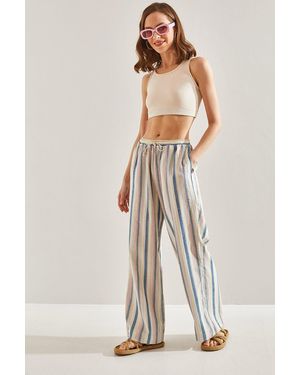 Bianco Lucci Hose Mit Elastischem Bund Und Schnürung Und Mehreren Streifen Für Damen - Weiß
