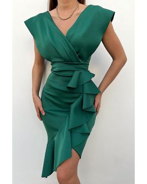 Deafox Grünes, Schulterfreies Volantkleid Aus Scuba-Stoff Für Damen
